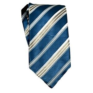 Geoffrey Beene Tie 100% Silk Diagonal Stripe Blue Gold Silver Designer Wedding‎